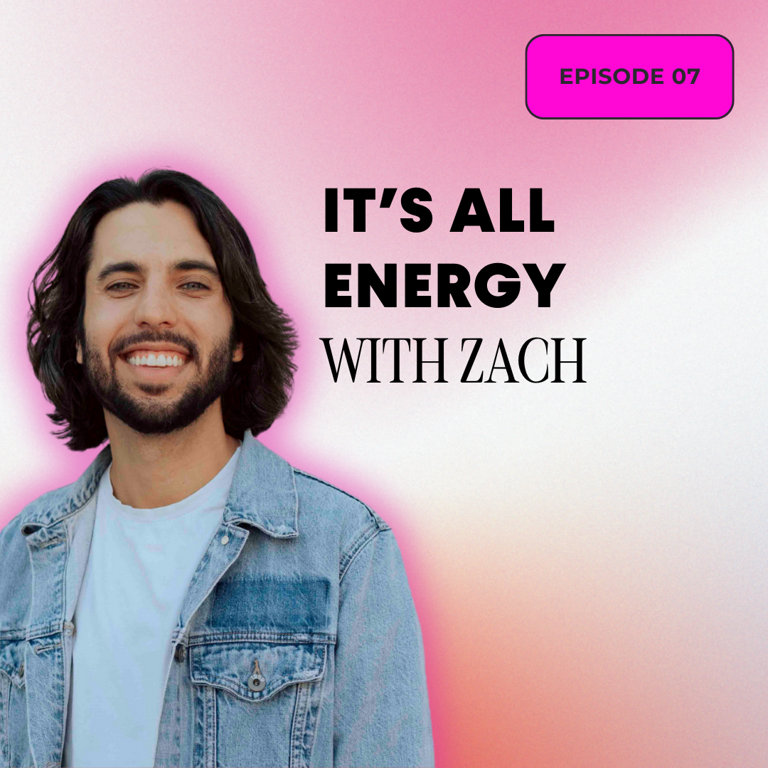 The truth is love podcast episode 07. "It's all energy" with zach campa. Image is of Zach on a red & pink background.